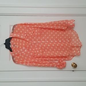 Polka dot peach, sheer, high-low blouse. Size M.